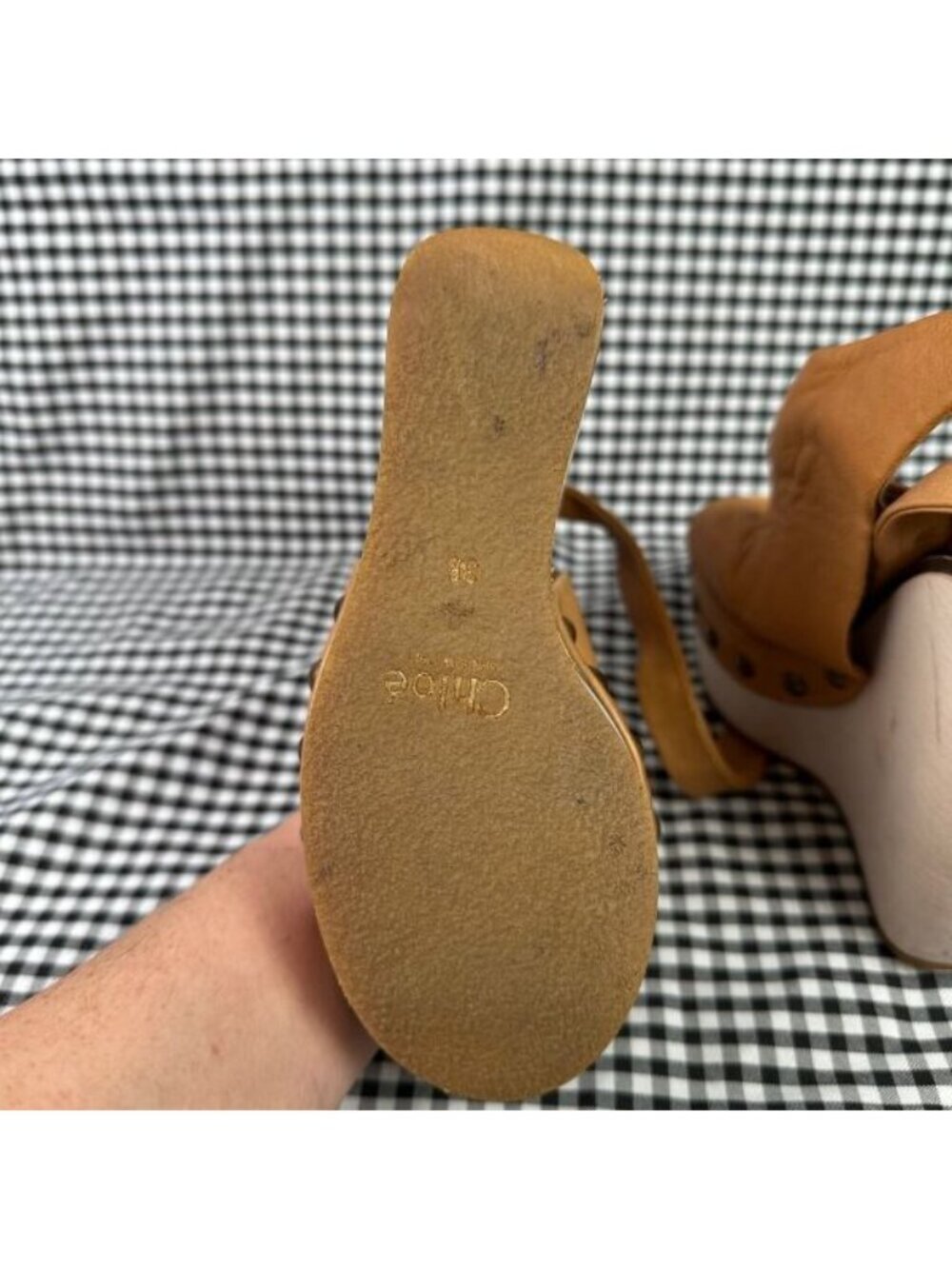 Chloe Studded Brown Leather Ankle Strap Wood Platform Clog Style Heel EU 38 - Picture 6 of 8